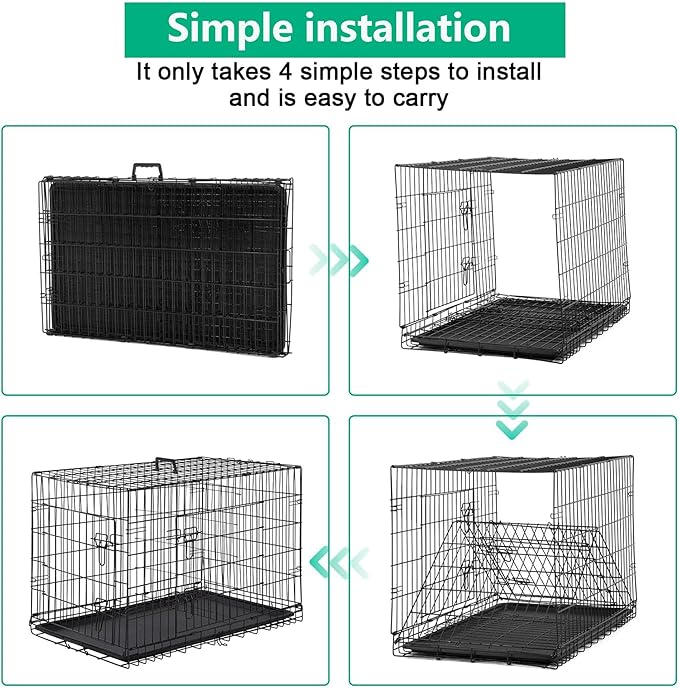 FDW XL Dog Crate Dog Kennel Cage with Double Door,42 inch Folding Metal Wire Dog Cage with Removable Tray&Divider Panel,Pet Crate for Medium Large Dogs,Black