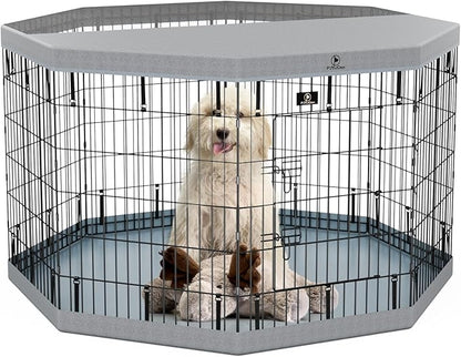 PJYuCien Puppy Playpen，8 Panels 36”H Dog Playpen with Gery Bottom Pad and Grey Top Cover，Metal Foldable Dog Exercise Pen for Indoor，Better for Small Pets,Grey