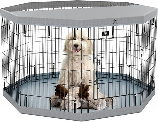 PJYuCien Puppy Playpen，8 Panels 36”H Dog Playpen with Gery Bottom Pad and Grey Top Cover，Metal Foldable Dog Exercise Pen for Indoor，Better for Small Pets,Grey