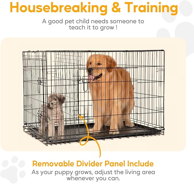 HealSmart 24" Small Dog Crate with Divider, Portable Pet Kennel, Double Door Folding Metal Wire Cage with Leak-Proof Plastic Tray, Indoor, Outdoor and Travel, Black