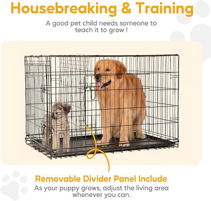 HealSmart 24" Small Dog Crate with Divider, Portable Pet Kennel, Double Door Folding Metal Wire Cage with Leak-Proof Plastic Tray, Indoor, Outdoor and Travel, Black