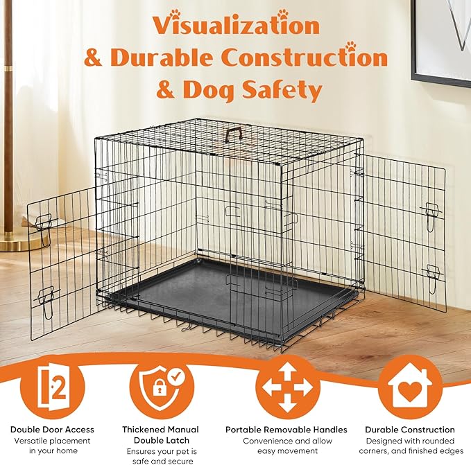 Double Door Dog Crate, Durable Metal Foldable Pet Crate with Secure Lock, Removable Tray for Easy Cleaning for Dogs Portable Pet Crate for Indoor, Outdoor, 30 Inch