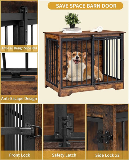 Dog Crate Furniture, 32" Double Door Dog Crate with Barn Door, Dog Kennel Indoor, End Side Table Wooden Dog Crates for Small Medium Large Dogs, Anti-Chew Anti-Escape, Rustic Brown DFC83601B