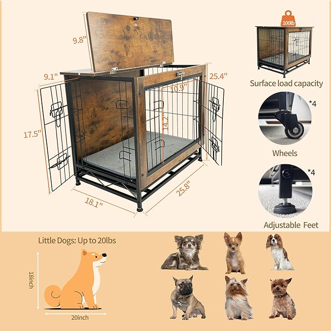 Dog Crate Furniture for Small Dogs, Decorative Wooden Dog Kennel Cage House Indoor for Puppy Pet with Tray Cushion Foldable Top, Storage Playpen, End Side Table,Small,25" L,Rustic Brown