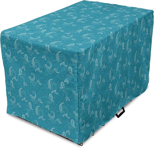 Lunarable Mermaid Tail Dog Crate Cover, Cartoon Design of Aquatic Girl Swimming Underwater Bubbles, Easy to Use Pet Kennel Cover for Cats & Medium Dogs, 30 Inch, Dark Turquoise Ivory