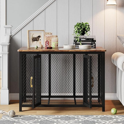 48 Inch Flip Top Dog Crate Furniture, Large Dog Kennel with 2 Doors, Latches, Heavy Duty Metal Dog Cage End Table, Farmhouse Dog Furniture for Large Medium Small Dogs, Brown