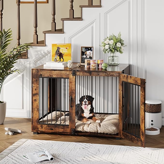 42.1" Dog Crate Furniture, Lockable Double Door Wooden Pet Crate for Indoor Use, Stylish Pet Crate End Table for Small/Large/Medium Dogs, Decorative Pet House, Functional Chic Puppy Crate Furniture