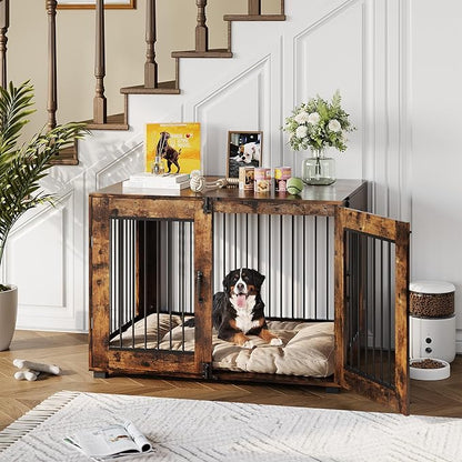 31.5" Dog Crate Furniture - Chew-Resistant Wooden Kennel with Locking Double Doors, Indoor Pet Cage End Table for Medium Breeds
