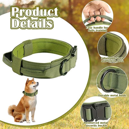 Tactical Dog Collar and Leash Set, Adjustable Military Nylon Dog Bungee Leash and Collar with Handle and Heavy Metal Buckle, Dog Training Collar Leash Set for Medium Large Dog (L, Green)