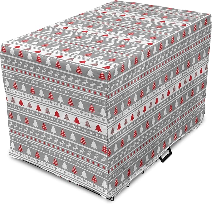 Ambesonne Christmas Dog Crate Cover, Xmas Border Deers Trees and Merry Christmas Lettering Bows Bells Image, Easy to Use Pet Kennel Cover for Cats & Medium Dogs, 24 Inch, Grey White and Red