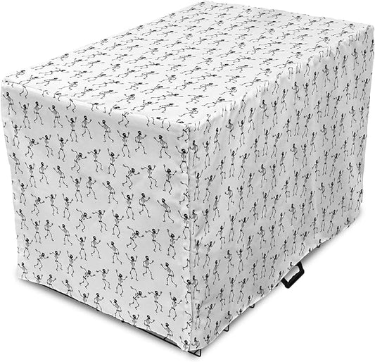 Lunarable Skull Dog Crate Cover, Cartoon Pattern of Monochrome Skeletons Halloween Themed Illustration Horror, Easy to Use Pet Kennel Cover for Medium Large Dogs, 36 Inch, White Black
