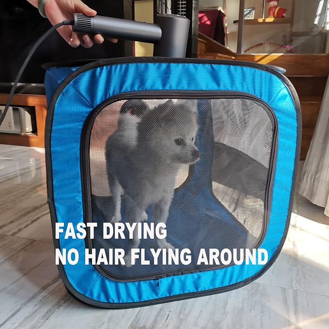 Pet Dog Cat Drying Box Waterproof Anti-Hair Flying Portable Cat Cage Kennel Portable Foldable Cat Drying Room Pet Dry Room Pet Hair Dryer Clean Grooming House Dryer Cage for Cats/Dogs.(Blue)