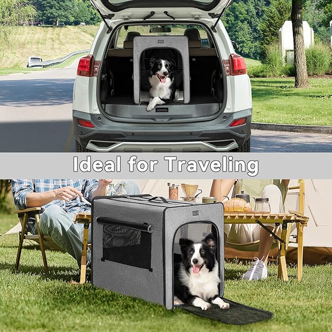 PETSFIT Dog Travel Crate, Soft Dog Crate - 31 Inch with Thicken Mat, Easy to Fold, Sturdy and Portable, Perfect for Traveling, Soft Sided Dog Crate Grey