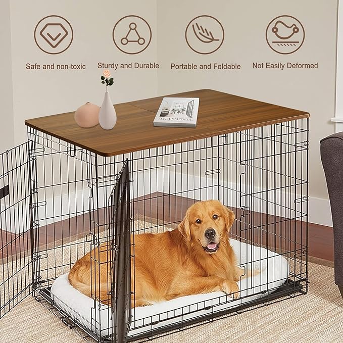Deblue Foldable Dog Crate Topper, Wood Crate Topper for 48in Wire Dog Cages, Dog Kennel Table Top for Large Dog, Waterproof, Sturdy (48 inch)