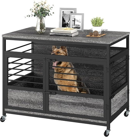 DWVO Dog Crate Furniture, 39.4 Inch Dog Kennel Indoor Furniture End Table Cage for Dogs, Modern Decorative Cage Wooden Dogs Crate Furniture with Wheels, Chew-Resistant, Dark Grey