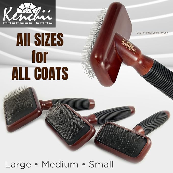Kenchii Slicker Brush for Dogs, Professional Dog Grooming Brush for Loose Fur, Tangles, Long Short Haired, Stainless Steel Pins, Maplewood Handle (Large)