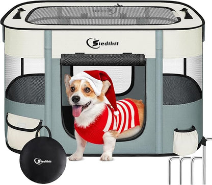 Dog Playpen28/31/35in,Cat Pet Puppy Pen,Portable Playpens for Dogs Indoor Outdoor Travel Camping Use,Foldable Dog Kennel Crate for Rabbit Small Animals with and Tent Stakes (Grey, Lagre)