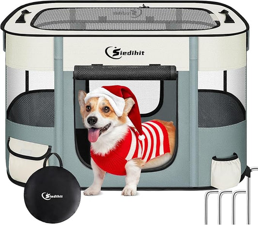 Dog Playpen28/31/35in,Cat Pet Puppy Pen,Portable Playpens for Dogs Indoor Outdoor Travel Camping Use,Foldable Dog Kennel Crate for Rabbit Small Animals with and Tent Stakes (Grey, Lagre)