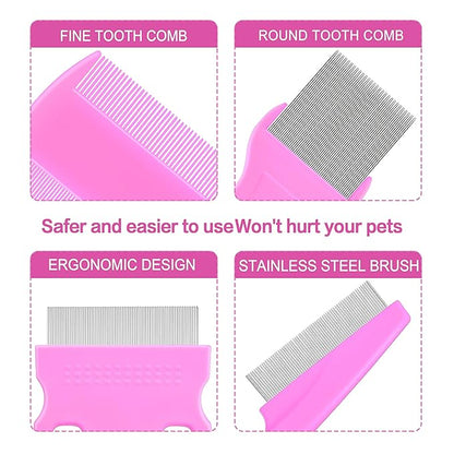 5 Pack Flea Lice Comb,Stainless Steel Dog Cat Grooming Combs With Rounded Teeth,Double-Sided Tear Stain Remover,Dematting Comb For Dogs Cats Ideal For All Types Of Small, Medium, Large Pets (Pink)
