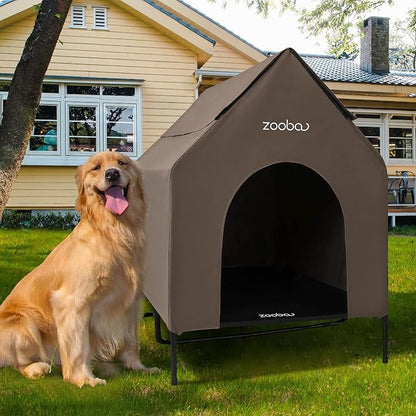 X-Large 48" Dog House - Weatherproof PVC, Textilene Cooling Bed - Easy to Clean (Brown)