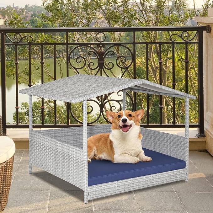 Giantex Wicker Dog House, Raised Rattan Dog Bed with Waterproof Roof, Washable Cushion Cover, Steel Frame, Indoor Outdoor Elevated Dog Bed Pet House for Small Medium Dogs Cats, Easy Assembly
