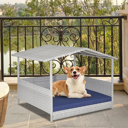 Giantex Wicker Dog House, Raised Rattan Dog Bed with Waterproof Roof, Washable Cushion Cover, Steel Frame, Indoor Outdoor Elevated Dog Bed Pet House for Small Medium Dogs Cats, Easy Assembly