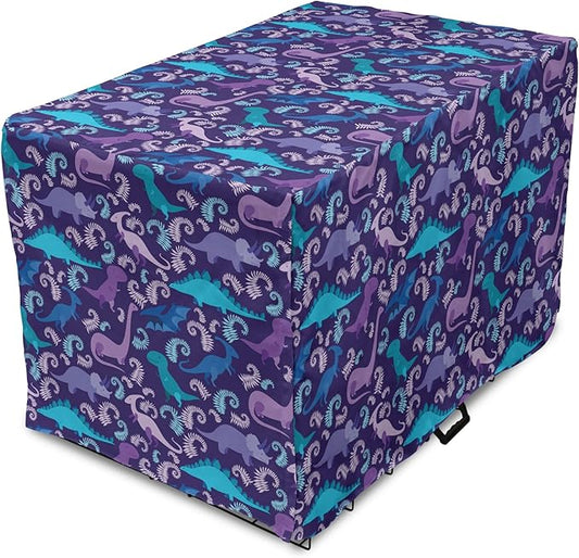 Lunarable Jurassic Dog Crate Cover, Abstract Cartoon Dinosaur Pattern Ferns Caricature Style Creatures Prehistoric, Easy to Use Pet Kennel Cover for Medium Large Dogs, 48 Inch, Blue Purple