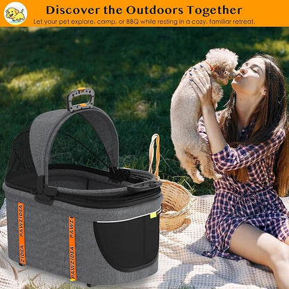 PAWZIDEA Portable Small Dog Crate for Car Travel, Enclosed Pet Car Seats for Small/Medium Dogs & Cats, Reversible No-Zip Canopy, Soft-Sided Pet Carrier Cage, Collapsible Travel Dog Kennel, Chew-Proof