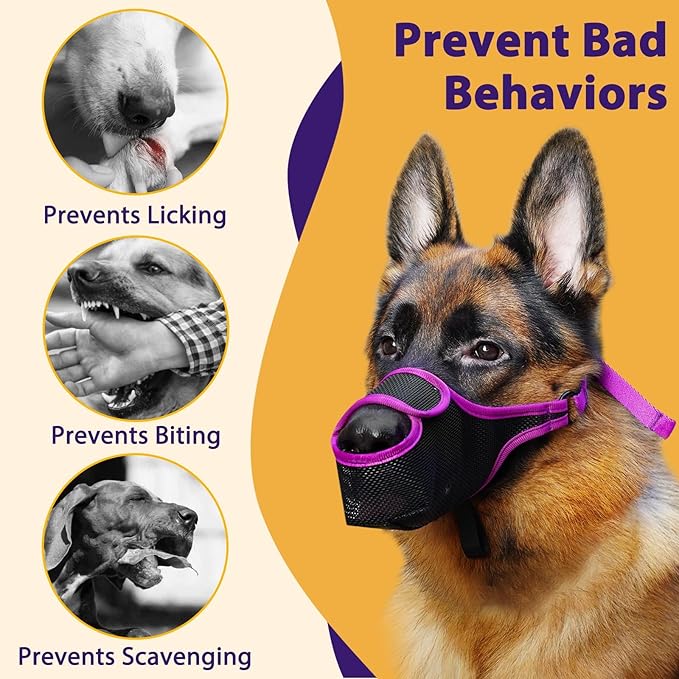 LUCKYPAW Dog Muzzle, Mesh Muzzle for Large Medium Small Dogs with Front Opening Design, Dog Mouth Cover to Prevent Biting, Licking, Chewing, Scavenging, Allows Drinking (XS-Snout:6½-7½", Purple)