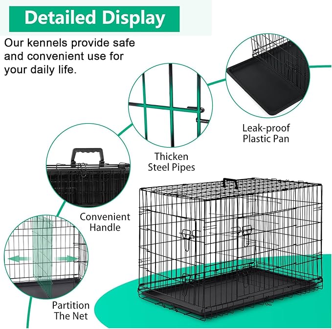 FDW XL Dog Crate Dog Kennel Cage with Double Door,42 inch Folding Metal Wire Dog Cage with Removable Tray&Divider Panel,Pet Crate for Medium Large Dogs,Black