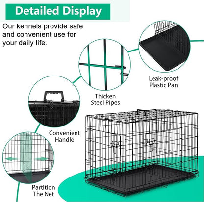 FDW XL Dog Crate Dog Kennel Cage with Double Door,42 inch Folding Metal Wire Dog Cage with Removable Tray&Divider Panel,Pet Crate for Medium Large Dogs,Black