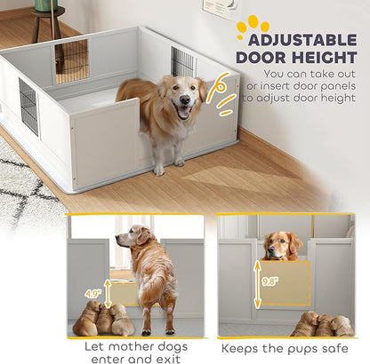 PawHut Whelping Box for Dogs and Puppies, Dog Whelping Box with Waterproof Pee Pad, Adjustable Height Door, for Large Dogs Indoor Use, 49" x 47" x 19"