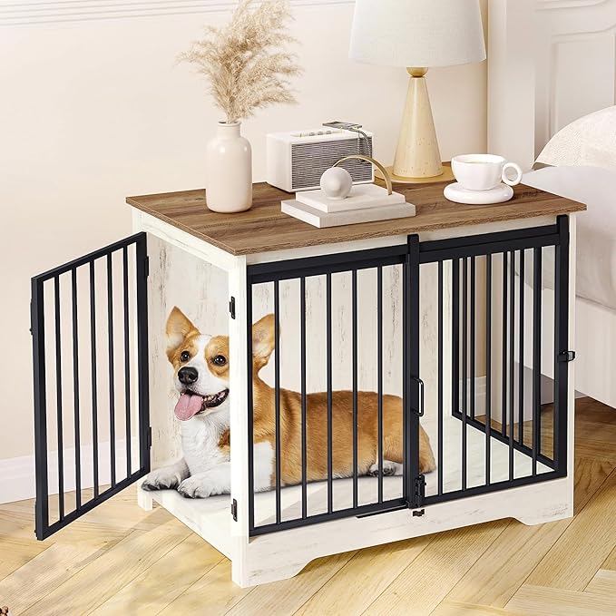 Dog Crate Furniture, 32" Double Door Dog Crate with Barn Door, Dog Kennel Indoor, End Side Table Wooden Dog Crates for Small Medium Large Dogs, Anti-Chew Anti-Escape, White Brown DFC83614B