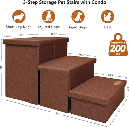 Dog Stairs with Storage 17.5" H, 3-Step Wider Dog Steps for Small/Medium/Large Dogs Cats, Folding Sturdy Pet Stairs Climbing Bed or Sofa, Dog Ramp for Car Hold Up to 200 lbs (Brown, No Condo)