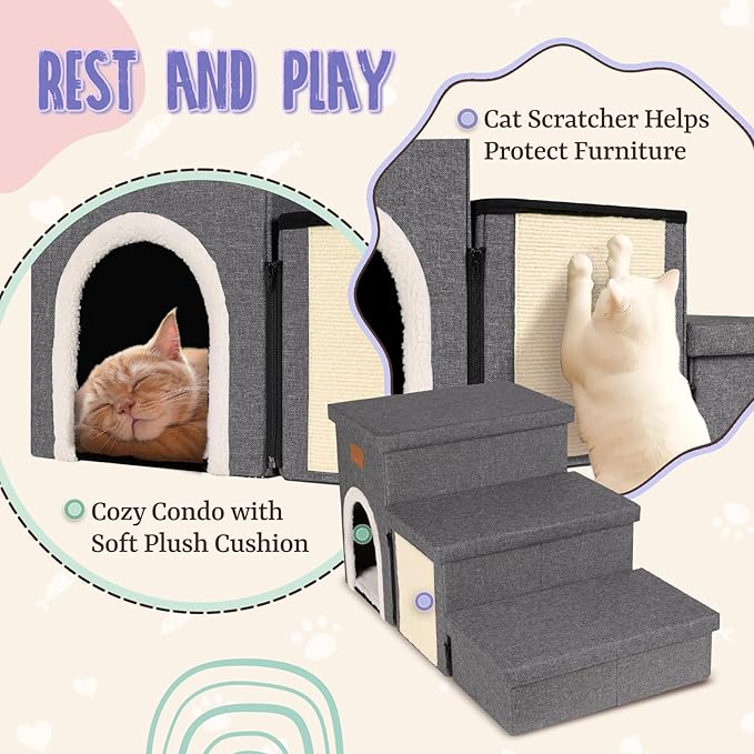 downluxe Dog Stairs for Small Dogs, Foldable Dog Steps for Bed, Sofa and Chair, Non-Slip Pet Steps with Cat Scratcher and Condo (3-Step Pet Stairs, Dark Grey)