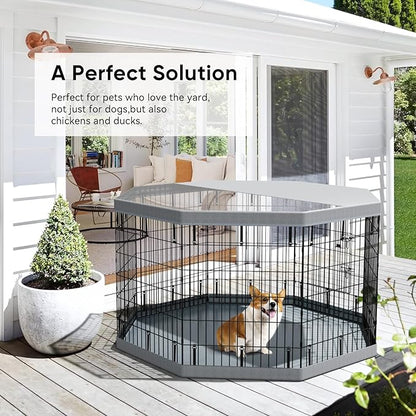 PJYuCien Puppy Playpen，8 Panels 36”H Dog Playpen with Gery Bottom Pad and Grey Top Cover，Metal Foldable Dog Exercise Pen for Indoor，Better for Small Pets,Grey