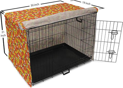 Lunarable Candy Corn Dog Crate Cover, Continuous Illustration of Cartoon Style Traditional Halloween Items, Easy to Use Pet Kennel Cover for Cats & Medium Dogs, 30 Inch, Vermilion Mustard