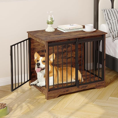 Dog Crate Furniture, 32" Double Door Dog Crate with Barn Door, Dog Kennel Indoor, End Side Table Wooden Dog Crates for Small Medium Large Dogs, Anti-Chew Anti-Escape, Rustic Brown DFC83601B