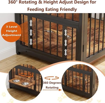 48 Inch Large Dog Crate Furniture for Large Dogs, Heavy Duty Kennel with 2 Drawers Storage, 360° Adjustable Raised Feeder, Wooden Dog Cage Indoor House End Table for Dogs