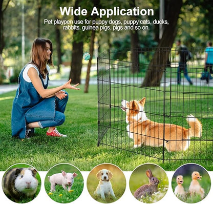 PJYuCien Dog Playpen - Metal Foldable Dog Exercise Pen, Pet Fence Puppy Crate Kennel Indoor Outdoor with 8 Panels 24”H & Top Cover and Bottom Pad for Small Medium Pets