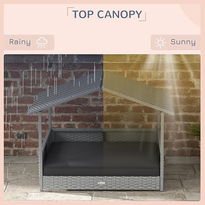 PawHut Wicker Dog House Outdoor with Canopy, Rattan Dog Bed with Water-Resistant Cushion, Raised Dog Bed for Small, Medium Dogs up to 66 lbs, 19.75" in Length, Silver Wicker, Gray Cushion