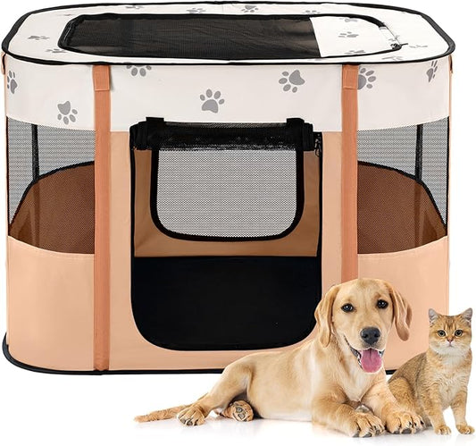 Avont Portable Dog Cat Playpen, Foldable Pop Up Pet Play Pen Travel Crate with Floor and Mesh Door Top for Indoor Outdoor Collapsible Tent Cage -L, Orange