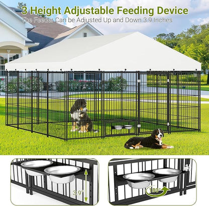 Rovibek 10x10 FT Dog Kennel Outside, Dog Kennels Outdoor with 2 Height Adjustable Rotating Feeder Bowls, Dog Enclosure Outdoor, Outside Dog Kennel with Roof, Outside Kennel for Large Dogs
