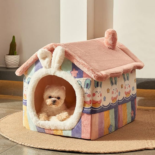 JIUPETY Cute Cat Houses for Indoor Cats, Dog Bed with Cover Cave, M Size Cat Cave Up to 15 Lbs Kittens and Puppy, Igloo Dog House with Non-Slip Bottom, Rainbow