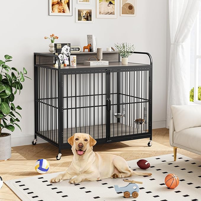 48" L X 30" W X 44.3" H Dog Crate Furniture, Dog Crate Indoor with Adjustable Height Bowls, Wooden Heavy Duty, 48 Inch Dog Kennel Furniture for Large Dogs,Grey