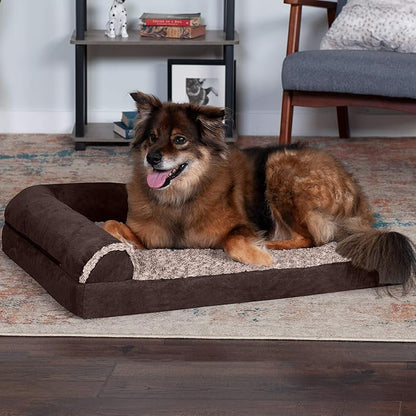 Furhaven Memory Foam Dog Bed for Large/Medium Dogs w/ Removable Bolsters & Washable Cover, For Dogs Up to 55 lbs - Two-Tone Plush Faux Fur & Suede L Shaped Chaise - Espresso, Large