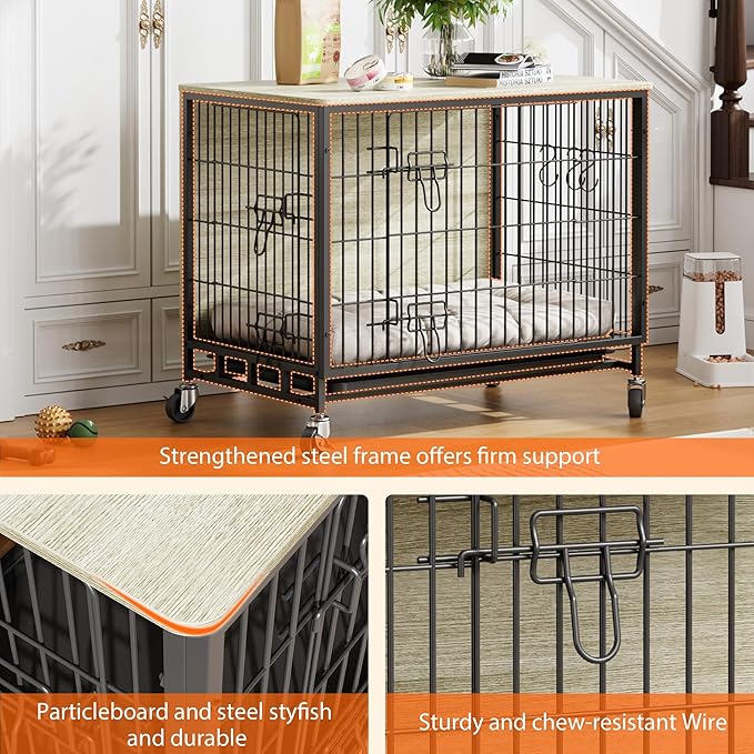 Dog Crate Furniture, 32.5" Modern Double-Door Dog House with Pull-Out Tray, Heavy-Duty Wooden Kennel & Removable Wheels, Side Table for Medium Dog Sizes, Rustic Gray