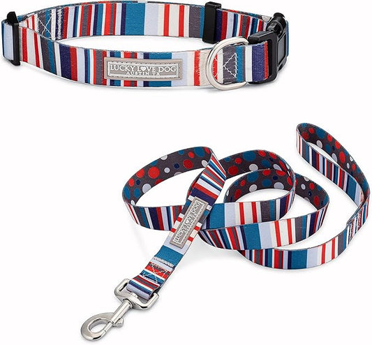 Lucky Love Dog, Nautical Matching Dog Collar and Leash Set, Polka Dot Striped Dog Collar and Leash for Male Female Dogs - (Small, Linus Combo)