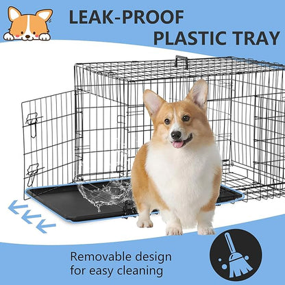 FDW 30 inch Dog Crate Dog Kennel Cage with Double Door Folding Metal Wire Dog Cage with Removable Tray&Divider Panel,Pet Crate for Medium Dogs,Black