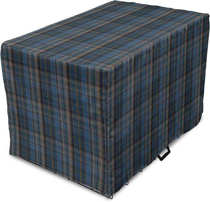 Lunarable Plaid Dog Crate Cover, Striped Geometric British Pattern Modern Design Elements in Patel Colors, Easy to Use Pet Kennel Cover for Medium Large Dogs, 18 Inch, Azure Blue and Marigold